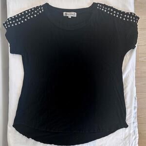 Hearts & Bows Women's Black T-Shirt with Studded Shoulders - Size 8